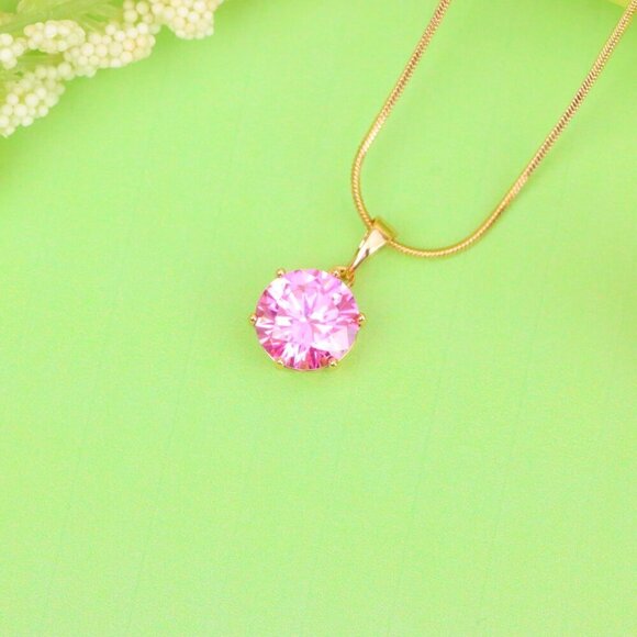 "Brilliant Round Pink Stone Rose Gold Pendant Sparkling Charm, XPPT1599 - Picture 12 of 13